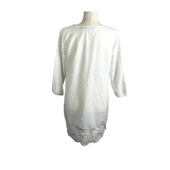 Lands End White Ivory Linen V-Neck Keyhole Eyelet 3/4 Sleeve Tunic Blouse Top XS - Picture 2 of 12